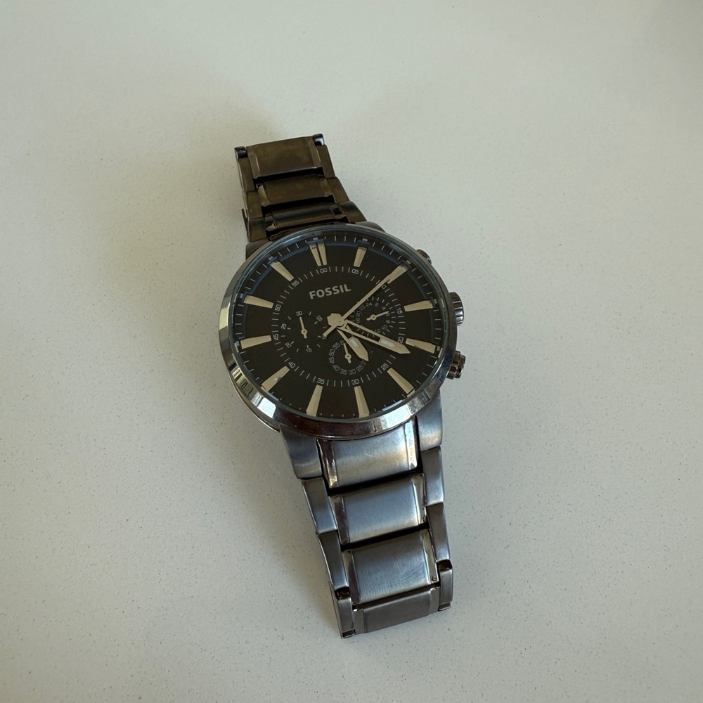 Fossil Black Dial Silver Band Watch